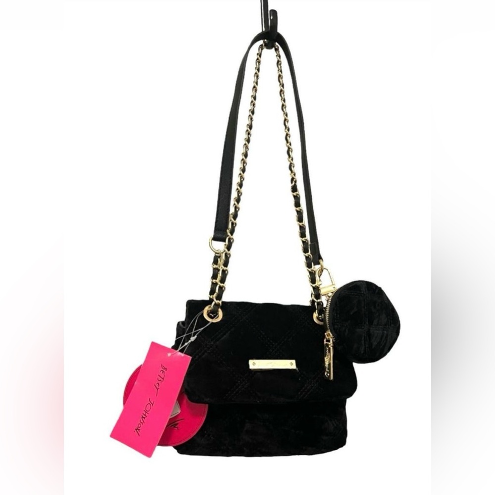 NEW Betsey Johnson Black Velour CROSSBODY HANDBAG + Airpod Case ZIP POUCH Xoval